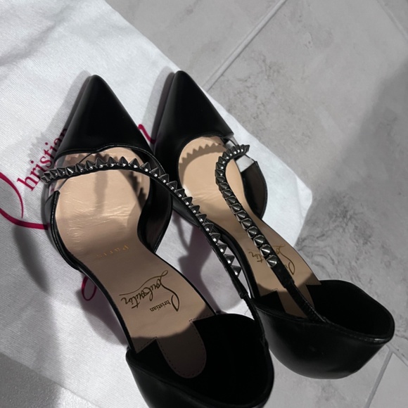 Christian Louboutin Spike Cross 100 Black PVC Silver Criss Strap Heel Pump 35.5 - Picture 9 of 9